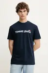 Bavlněné tričko Tommy Jeans pánské, tmavomodrá barva, s potiskem, DM0DM21585
