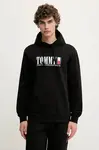 Bavlněná mikina Tommy Jeans pánská, černá barva, s kapucí, s potiskem, DM0DM22144