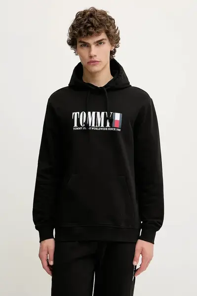 Bavlněná mikina Tommy Jeans pánská, černá barva, s kapucí, s potiskem, DM0DM22144