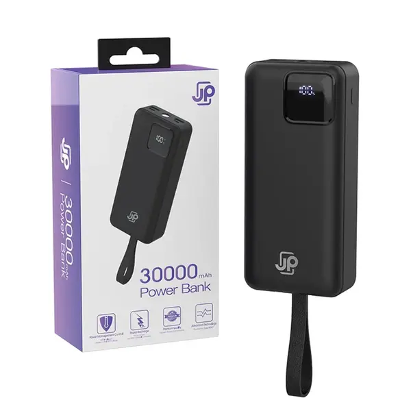 JP Powerbanka se 2 vestavěnými kabely, 30000mAh, USB-C + Lightning, s LED světlem, PD 22,5W, černá