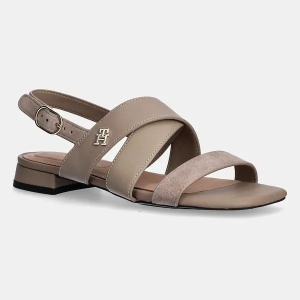 Kožené sandály Tommy Hilfiger LEATHER & SUEDE FLAT SANDAL dámské, béžová barva, FW0FW08507