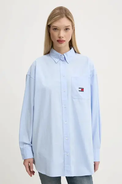 Bavlněná košile Tommy Jeans modrá barva, relaxed, s klasickým límcem, DW0DW19357