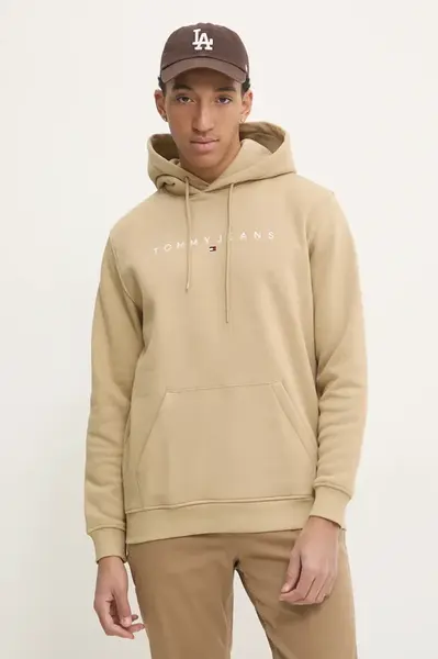Mikina Tommy Jeans pánská, béžová barva, s kapucí, s potiskem, DM0DM20746