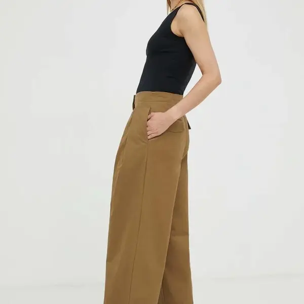 Bavlněné kalhoty Lovechild zelená barva, široké, high waist