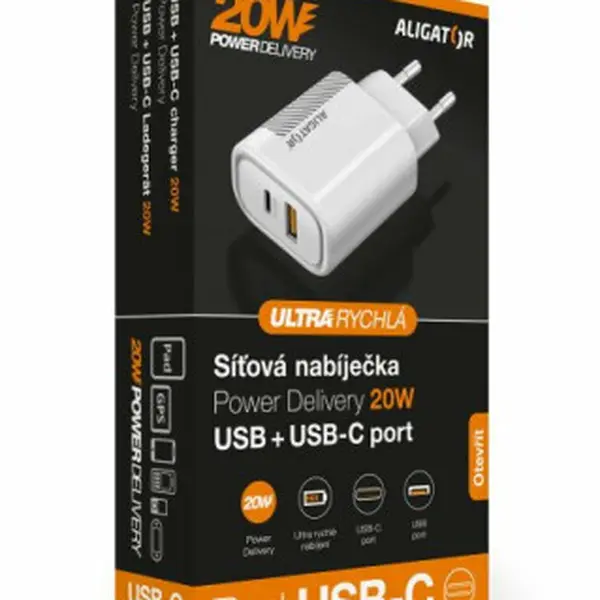 Chytrá síťová nabíječka Aligator Power Delivery 20W USB-C + USB, bílá