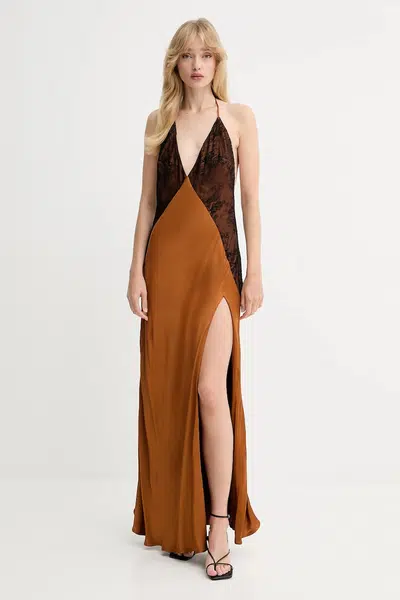 Šaty Bardot hnědá barva, maxi, 59977DB