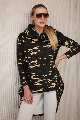Mikina s dlouhým zadním dílem camo khaki+hnědá