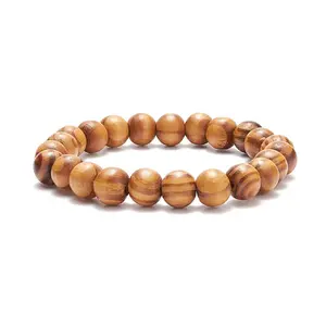 Natural Wood Round Beaded Stretch Bracelet