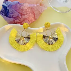 Bohemian Style Fan Alloy Raffia Dangle Stud Earrings