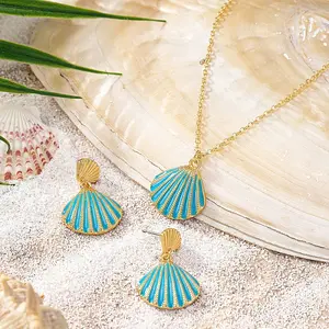 Shell Shape Zinc Alloy Enamel Pendant Necklace & Stud Dangle Earring Sets