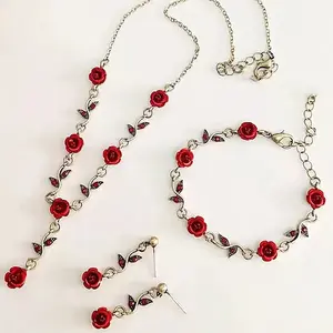 Rose Alloy & Acrylic Pendant Necklaces & Stud Dangle Earrings & Link Bracelets Sets