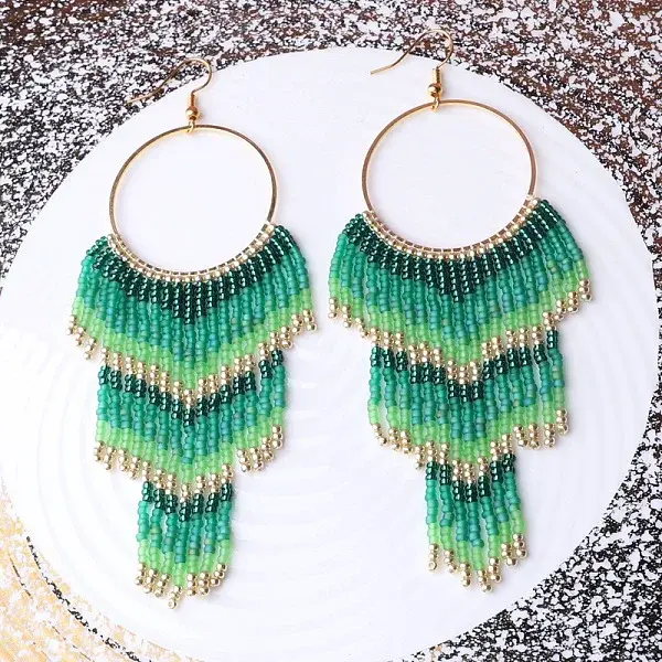 Alloy Glass Seed Beads Ring Tassel Dangle Earrings