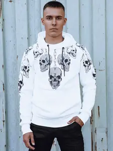 Pánská bílá mikina s kapucí a lebkami