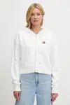 Bavlněná mikina Tommy Jeans dámská, bílá barva, s kapucí, s aplikací, DW0DW21147