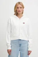Bavlněná mikina Tommy Jeans dámská, bílá barva, s kapucí, s aplikací, DW0DW21147