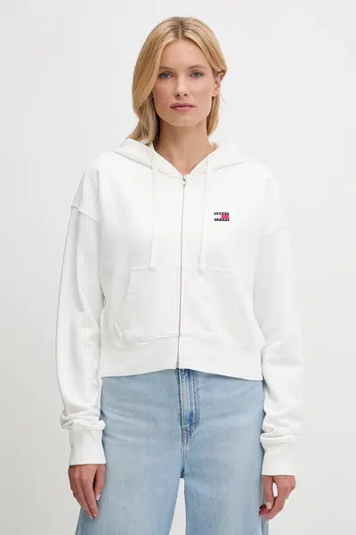 Bavlněná mikina Tommy Jeans dámská, bílá barva, s kapucí, s aplikací, DW0DW21147