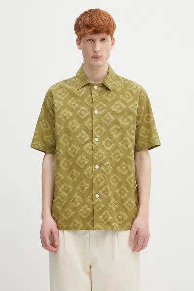 Bavlněná košile Norse Projects Mads Batik SS Shirt pánská, zelená barva, regular, N40.0833.8037