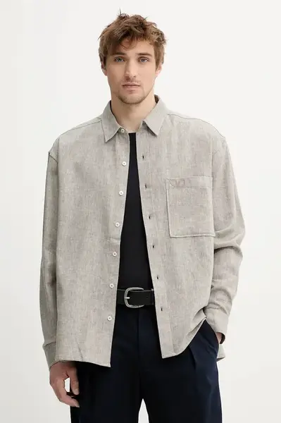 Lněná košile IRO pánská, béžová barva, relaxed, s klasickým límcem, MP18ARIC