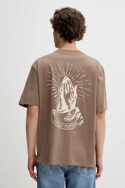 Bavlněné tričko The Ragged Priest pánské, hnědá barva, s potiskem, RPSS252053JS