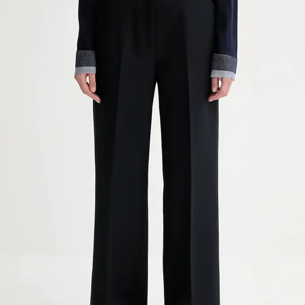 Vlněné kalhoty Bally dámské, tmavomodrá barva, široké, high waist, WTR03W