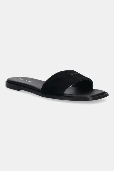 Semišové pantofle Calvin Klein FLAT SANDAL SQUARED HF SUE dámské, černá barva, HW0HW02557