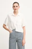 Lněná košile Dkny dámská, béžová barva, relaxed, s klasickým límcem, DJ5W2056