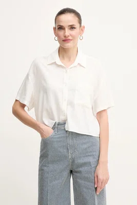 Lněná košile Dkny dámská, béžová barva, relaxed, s klasickým límcem, DJ5W2056