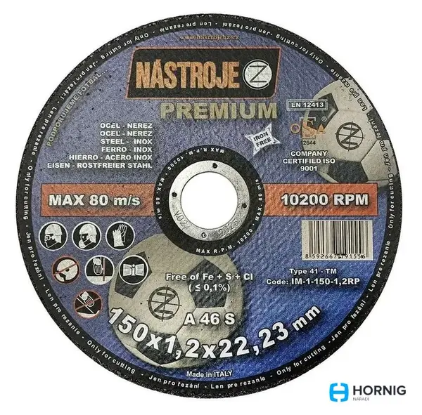 NÁSTROJE CZ Kotouč řezný 150x1,2x22 mm na ocel a nerez PREMIUM, 1 ks