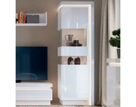 Vysoká vitrína Lyon, biela lesk, s osvetlením, ľavá%