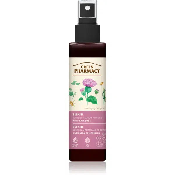 Green Pharmacy Burdock & Wheat proteins Elixir bezoplachová vlasová péče proti vypadávání vlasů 150 ml