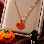 304 Stainless Steel Enamel Halloween Cat Pumpkin Pendant Dapped Chain Necklaces
