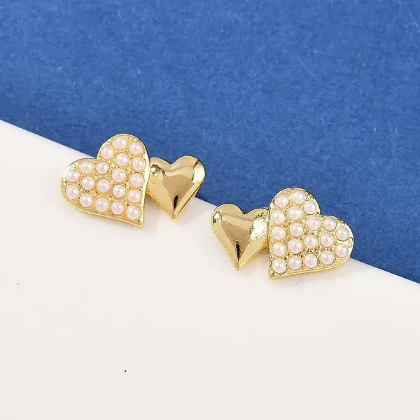 Brass ABS Plastic Pearl Heart Stud Earrings