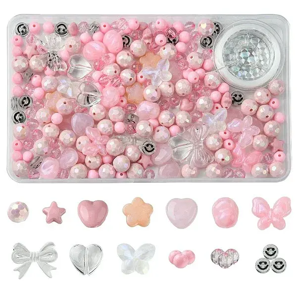 210Pcs 13 Styles Acrylic Beads with 1 Roll Strong Stretchy Beading Elastic Thread