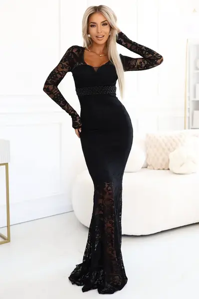 620-1 Evening lace maxi dress with long sleeves - black