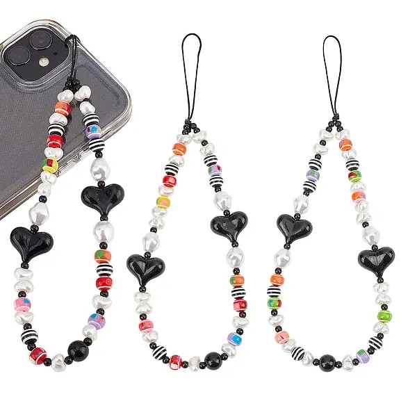 2Pcs Colorful Beads Plastic Pearl Heart Beaded Chain Moblie Straps