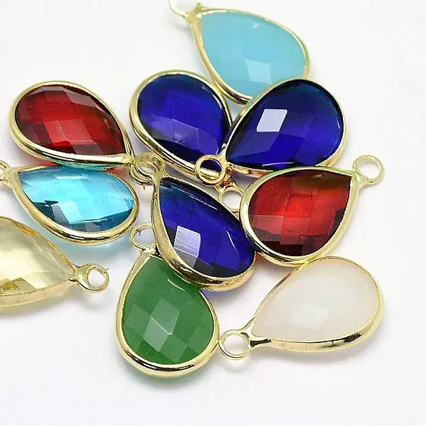 Golden Tone Brass Glass Teardrop Pendants