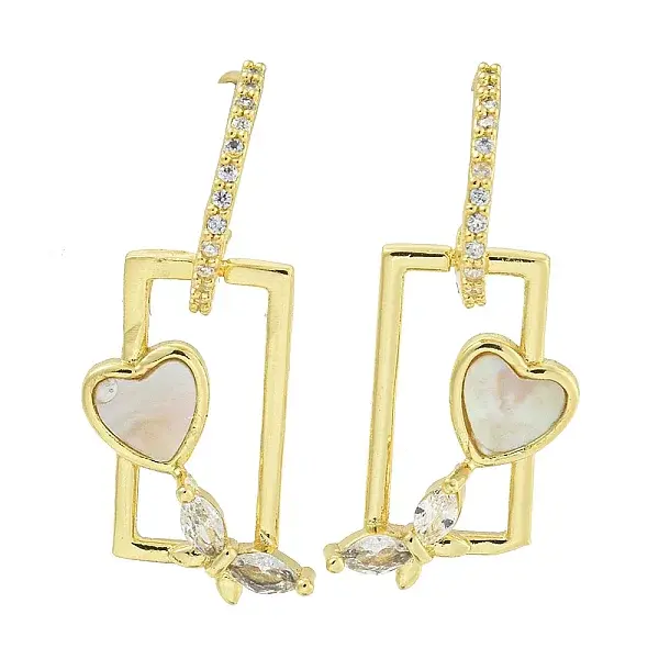 Heart with Butterfly Brass Clear Cubic Zirconia Stud Earrings