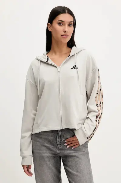 Mikina adidas Animal dámská, béžová barva, s kapucí, s aplikací, JM1860