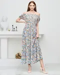 Resti Long orange summer dress for women with blue flowers - Clothing