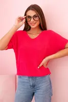 Kesi Włoski Dámský svetr z měkkého chloupku s V výstřihem krátký rukáv fuchsie