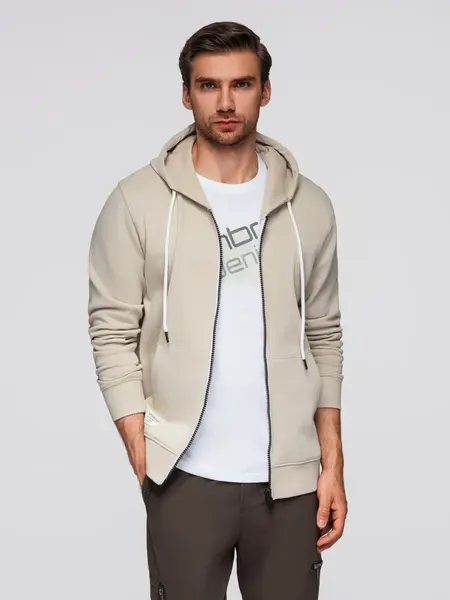 Ombre BASIC men's unbuttoned hooded sweatshirt - light beige