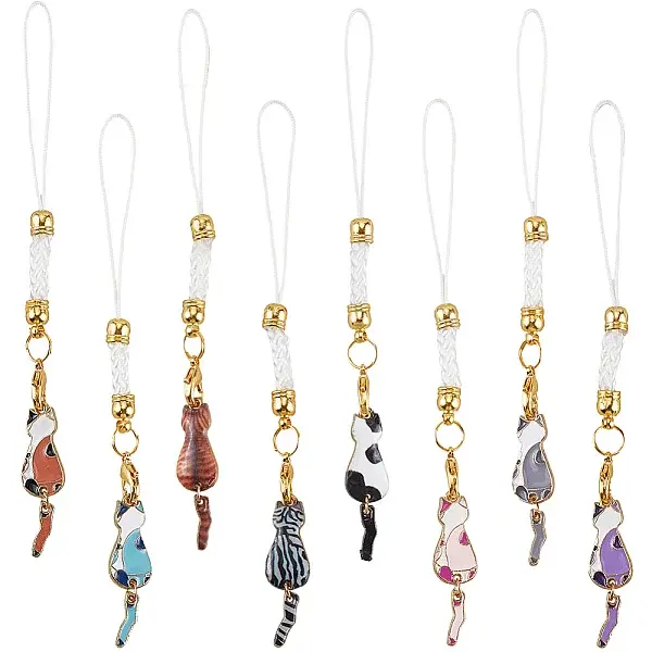 16Pcs 8 Colors Cat Shape Alloy Glass Mobile Straps
