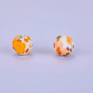 Printed Round with Flower Pattern Silicone Focal Beads