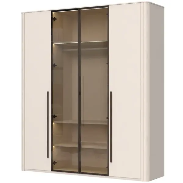 Čtyřdveřová šatní skříň s osvětlením a dvěma prosklenými dveřmi renfri