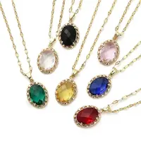 Oval Light Gold Brass Micro Pave Cubic Zirconia Pendant Necklaces