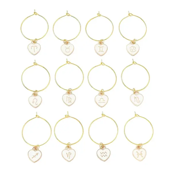 12Pcs Heart with Constellation Alloy Enamel Wine Glass Charms Sets