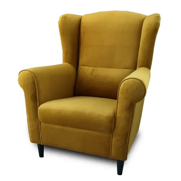 Křeslo ušák, látka hořčicová, charlot