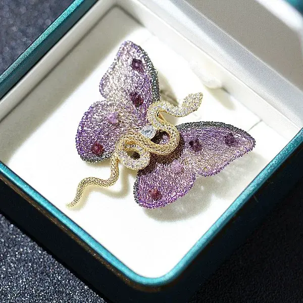 Snake & Butterfly Brass Micro Pave Cubic Zirconia Brooches