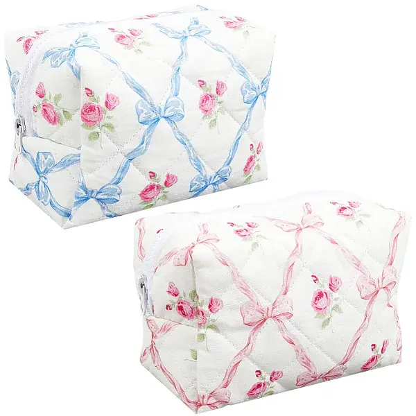 2Pcs 2 Colors Flower Print Cotton & Polyester Cosmetic Zipper Bag