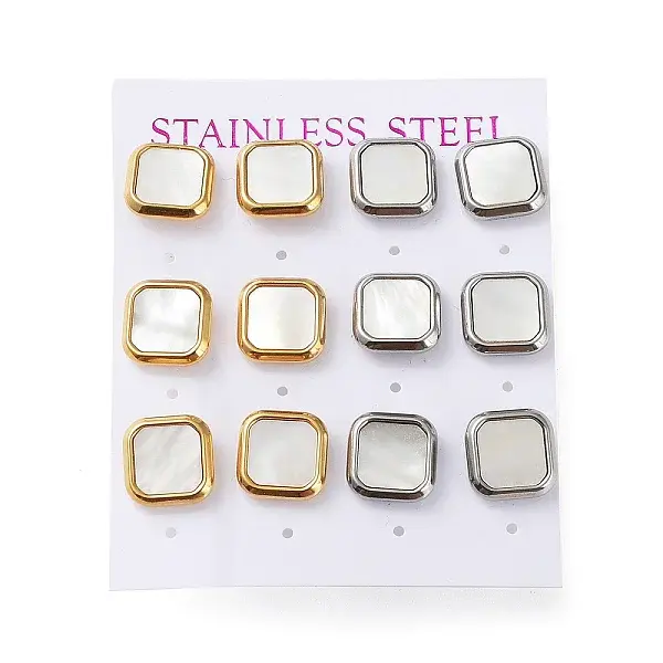 6 Pair 2 Color Square Natural Shell Stud Earrings